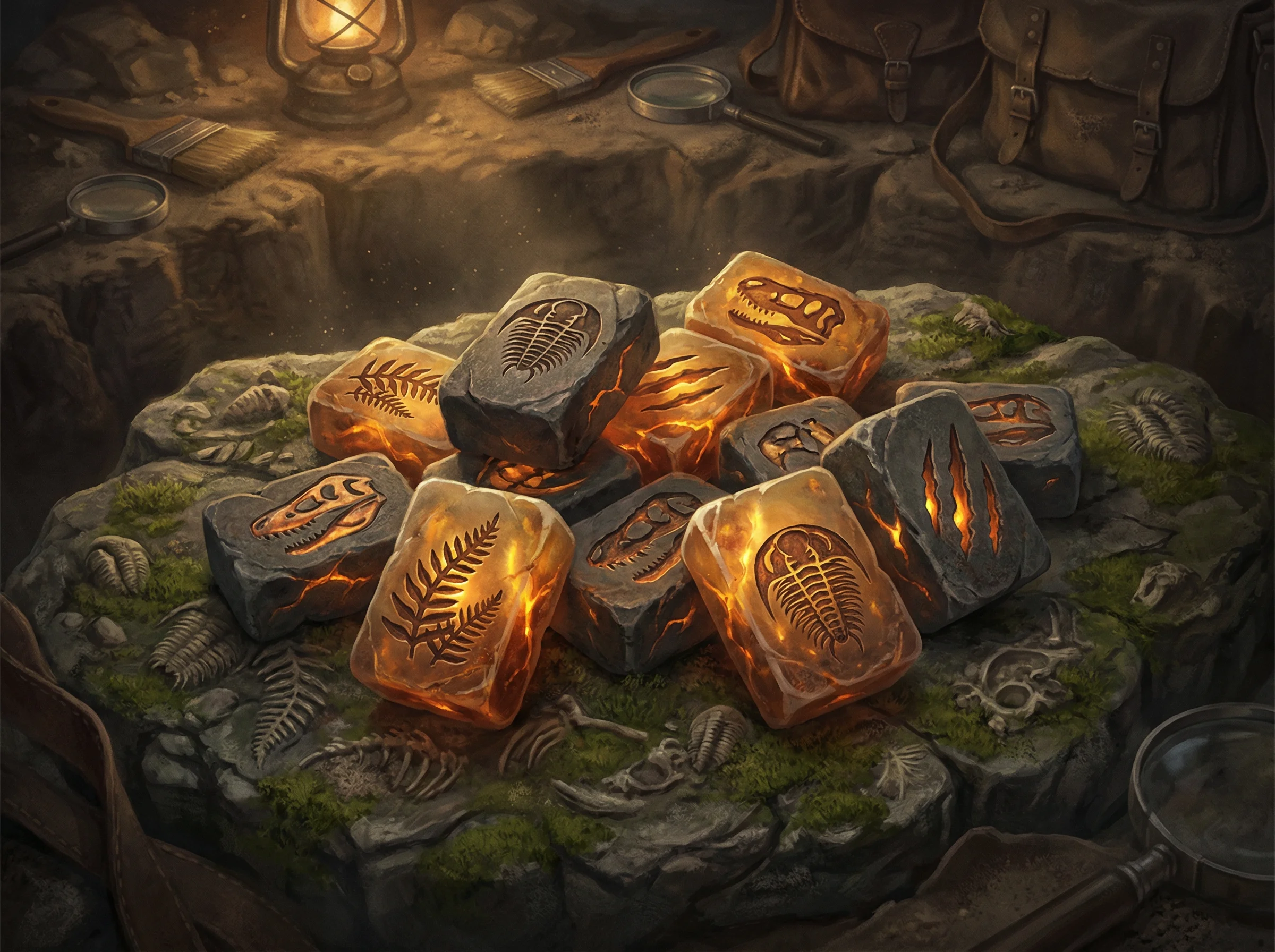 化石牌局中的远古麻将牌特写